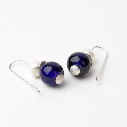 Detail of Elizabethan-inspired earrings with royal blue glass beads and pearls