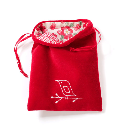 Drawstring Bag - Red Velvet with Vintage Japanese Silk lining
