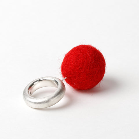 The Steppe red silver ring with felt sphere - handcrafted 925 silver jewellery by Oriole Designs