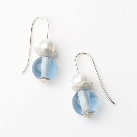 Elizabethan-inspired earrings with light blue glass beads and pearls