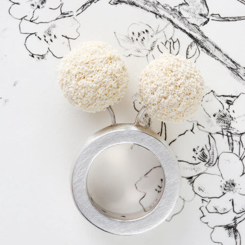 Top view showing dual beige sphere design on silver band